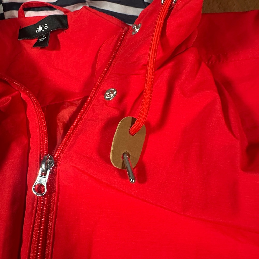 Ellos Anorak Rain Jacket Women 16 Red Hooded Striped Lining Zip Front Utility - Picture 4 of 12